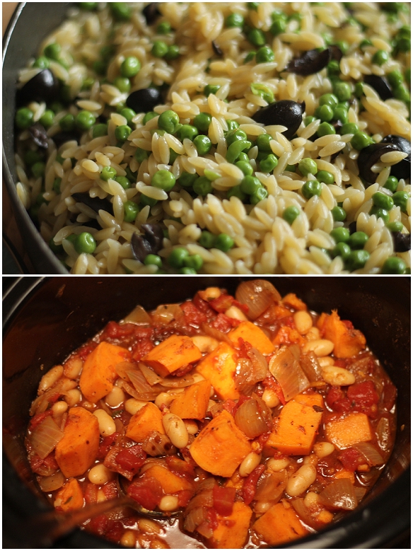 Pasta Risotto with Peas and Olives, Slow Cooked Bean and Potato Casserole