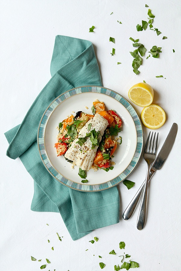 Baked Fish with Rainbow Roasted Vegetables and Cauli Rice